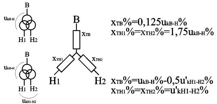 Определение xt% трехфазного Т-трансформатора с разветвленной нижней стороной