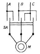 Схема включения трехфазного двигателя с помощью реверсивного переключателя
