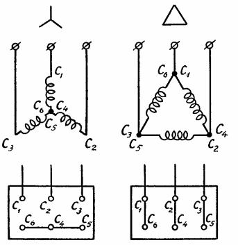 Соединение обмоток двигателя звездой и треугольником