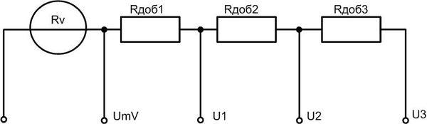Схема подключения вольтметра с добавочными резисторами
