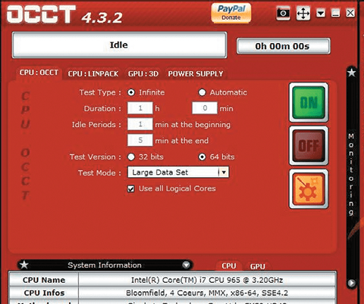 Стресс-тест Инструмент OCCT запускает CPU и GPU при максимальной нагрузке, чтобы проверить производительность систем питания и охлаждения.