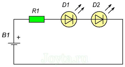 Два красных светодиода, соединенных последовательно